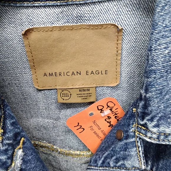 American Eagle Outfitters Patchwork Denim Jacket with Purple and Yellow Accents
